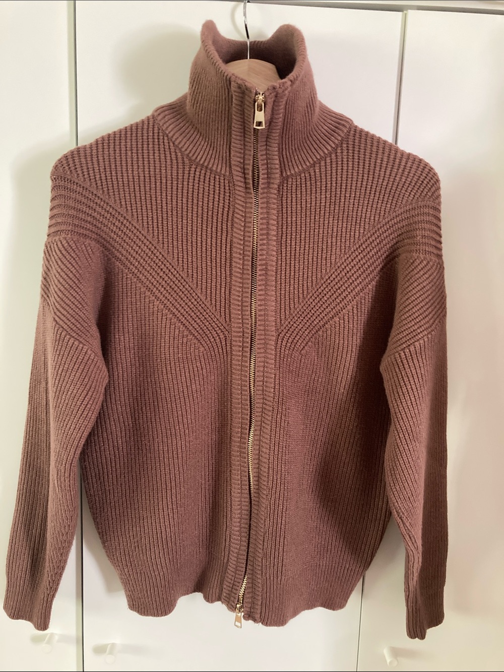 Anthropologie Sioni Zip-Up Ribbed Sweater cardigan S brown